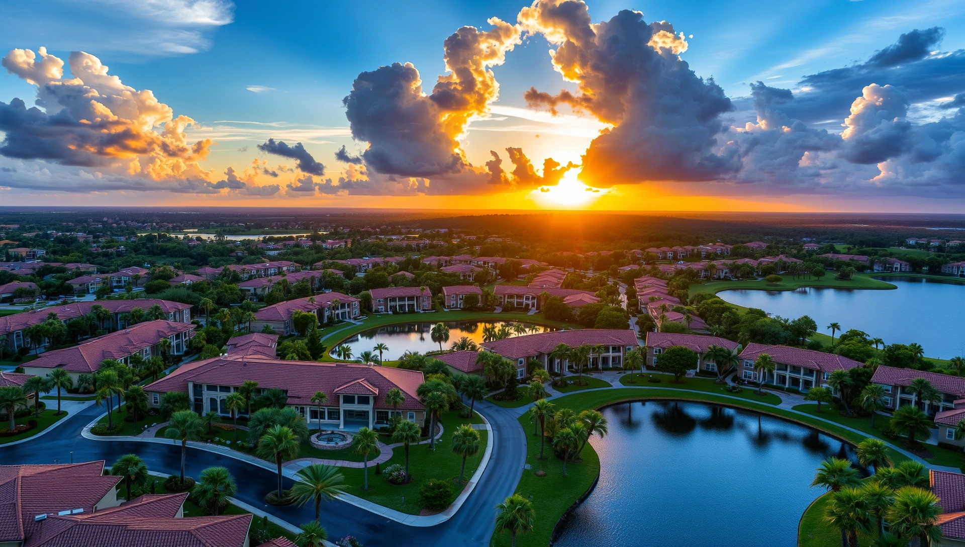 Aerial view of Ave Maria community at sunset with palm trees and Mediterranean architecture